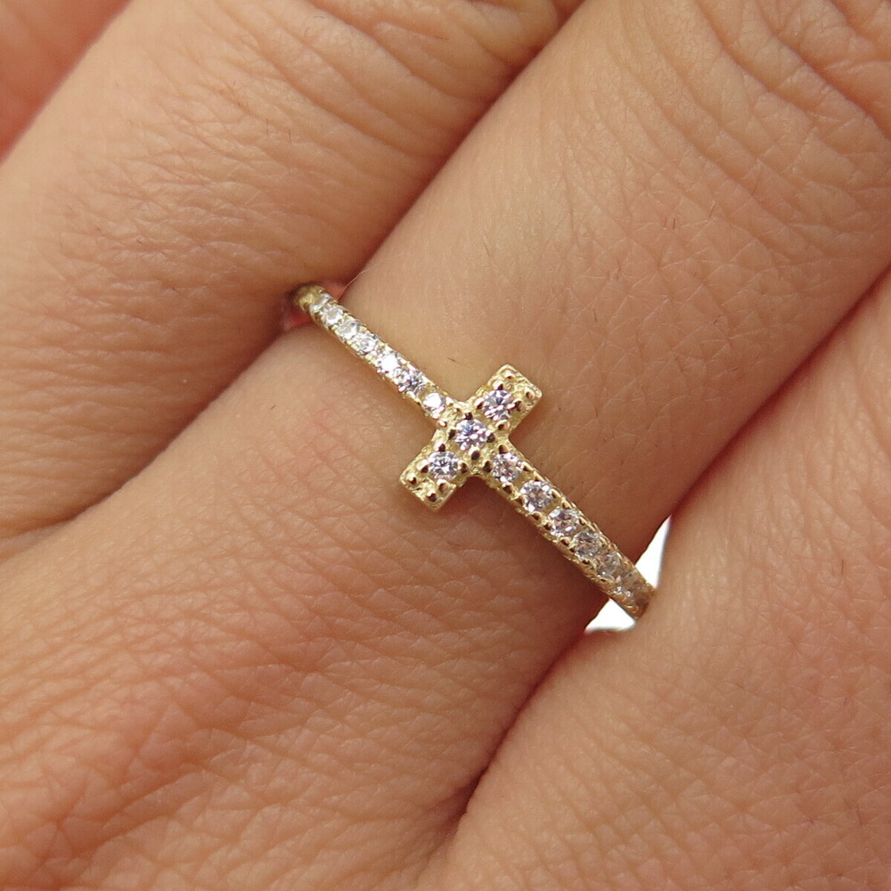 925 Sterling Silver Gold Plated Round-Cut C Z Cross Ring Size 8